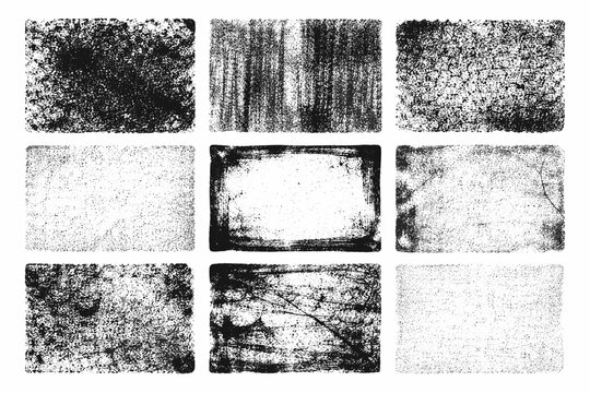 Set of 9 Grunge Overlay Vector Textures with Grainy Letterpress Effect, Rolled Ink Imprint Textures, Distressed Vintage Backgrounds, Gritty Halftone Patterns, and Weathered Elements for Design.