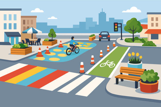 Tactical urbanism street improvements illustration featuring a colorful crosswalk, dedicated bike lane with a cyclist, traffic cones, outdoor cafe seating, and planters in a modern city scene.
