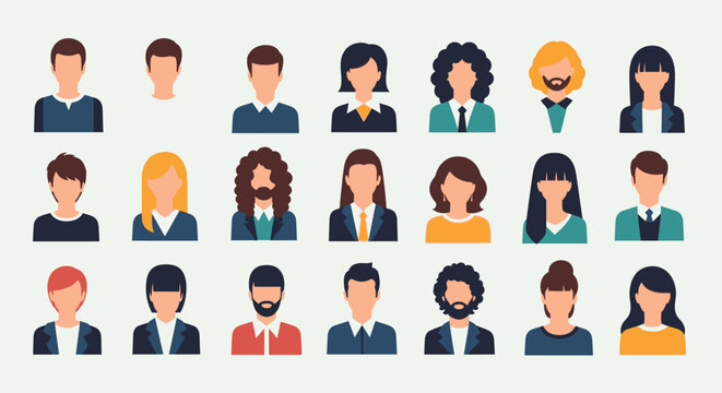 Extensive collection of diverse male and female avatar user profile icons representing various professions and styles on light green background.