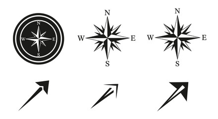 Fototapeta premium Set of compass and arrow icons for navigation and direction, in bright studio.