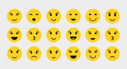 Naklejka premium Set of yellow cartoon emoticons featuring a variety of happy and sad facial expressions with funny vector smileys and cheerful icons for a diverse emotion symbol collection