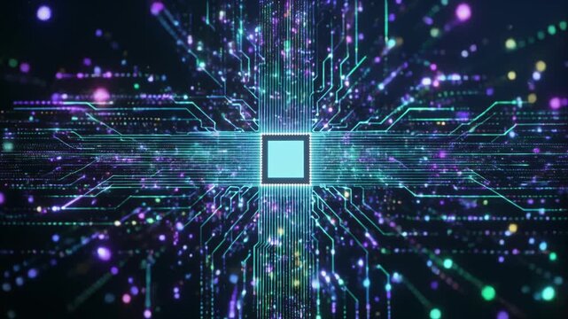 半導体チップから光粒子が広がる未来型人工知能データ拡散背景