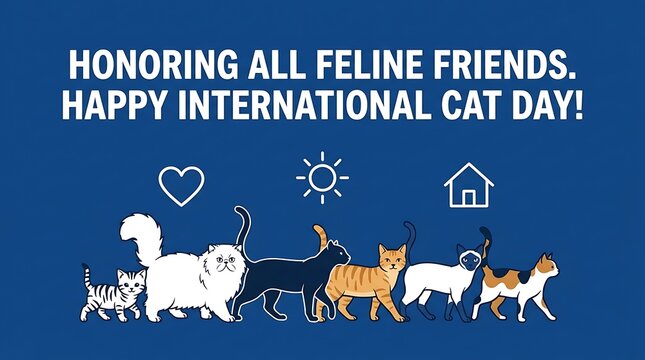 Celebrating International Cat Day with adorable feline friends. A colorful array of cat illustrations celebrating the occasion, with a delightful message for all cat lovers