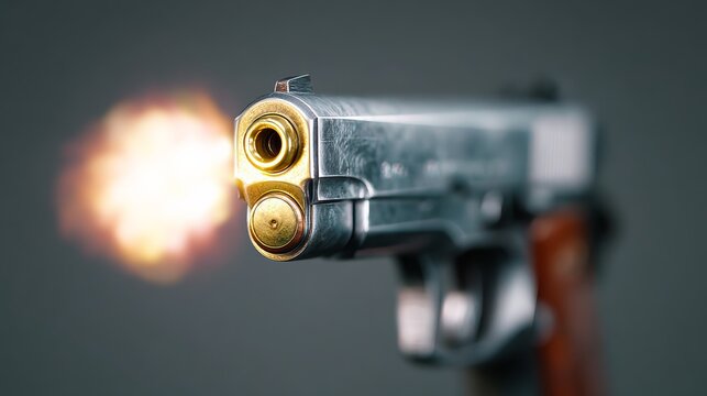 Gun fires, bright muzzle flash illuminates dark background. Metal barrel gleams with golden casings. Wooden grip contrasts sharp metallic frame. Surreal stillness captured, no visible human presence