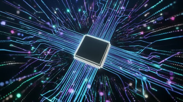 半導体チップから光粒子が広がる未来型人工知能データ拡散背景