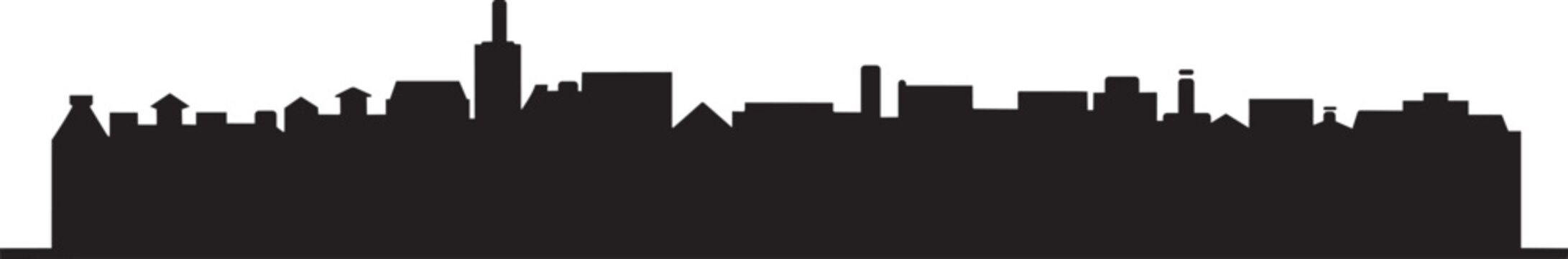 Cityscape silhouette with diverse buildings and varying rooflines, a skyline illustration