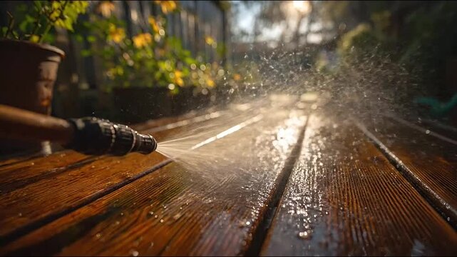 Garden hose nozzle spraying water on wooden deck in sunlight