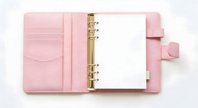Open pink leather personal planner with gold ring binder isolated on white background