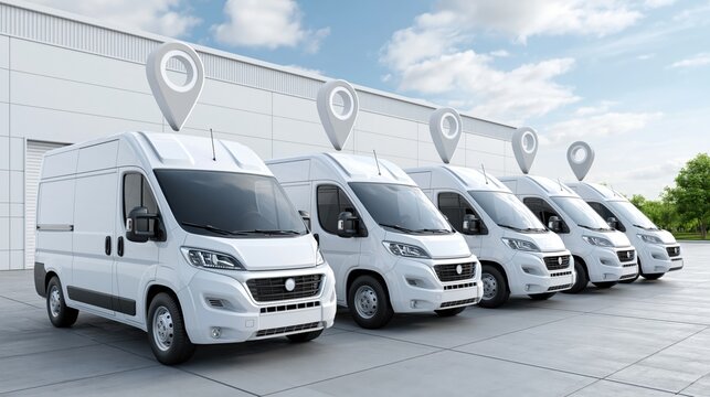 Fleet of white delivery vans parked in a distribution yard with location pins