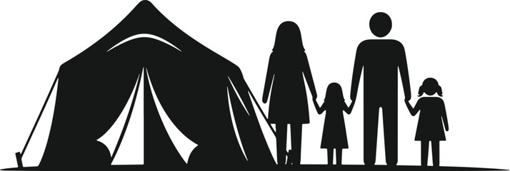 Family camping trip with tent and parents holding hands with two daughters outdoors. © Sadhin
