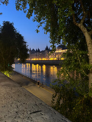 Fototapeta premium Golden sunrise light over the Seine river and Paris bridges, France