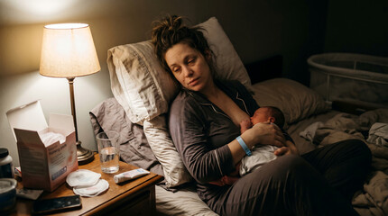 Fototapeta premium New Mother Sitting Bed 2AM Baby Feeding Dim Bedside Lamp Eyes Half-Open Exhaustion Hospital Bracelet Wrist Nursing Pads Nightstand Raw Postpartum Reality Editorial Photography