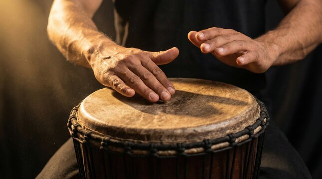 Close up of male hands playing traditional djembe drum in dramatic light, showcasing world music rhythm and ethnic percussion performance concept for arts and culture