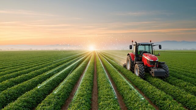Red tractor operating in a vast green field with futuristic digital data streams