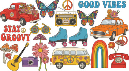 Retro groovy seventies sticker collection with hippie van butterfly roller skates rainbow guitar mushroom and good vibes vector illustration set © Shefali