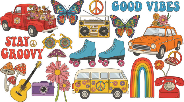 Retro groovy seventies sticker collection with hippie van butterfly roller skates rainbow guitar mushroom and good vibes vector illustration set
