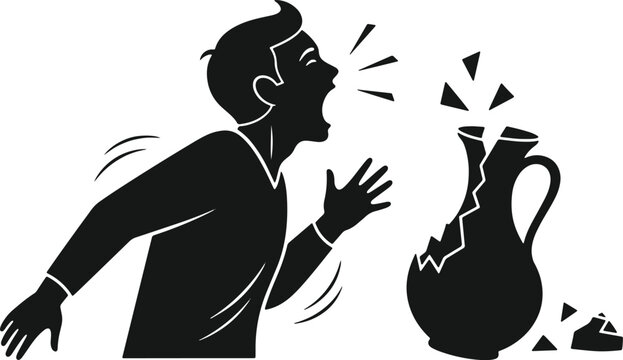 Angry man yelling at broken vase with fragments flying, explosive anger and frustration.