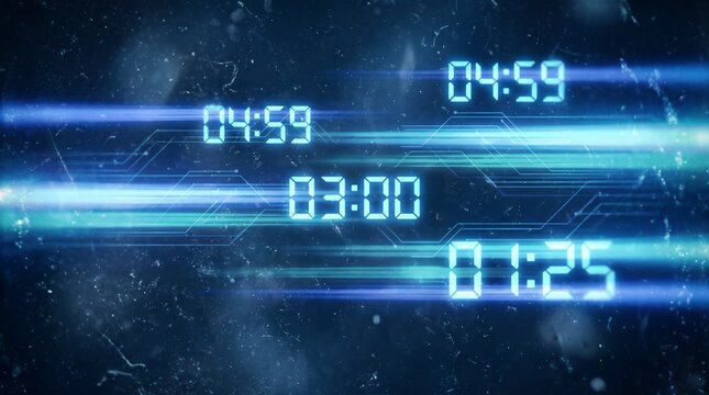 Futuristic digital clock display, blue neon timer, countdown sequence, cyberpunk aesthetic, technology background