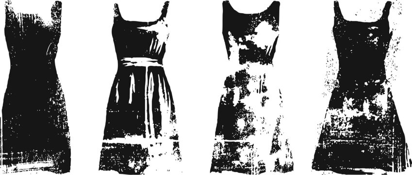 Vintage women's sleeveless dresses silhouettes with distressed texture in black and white
