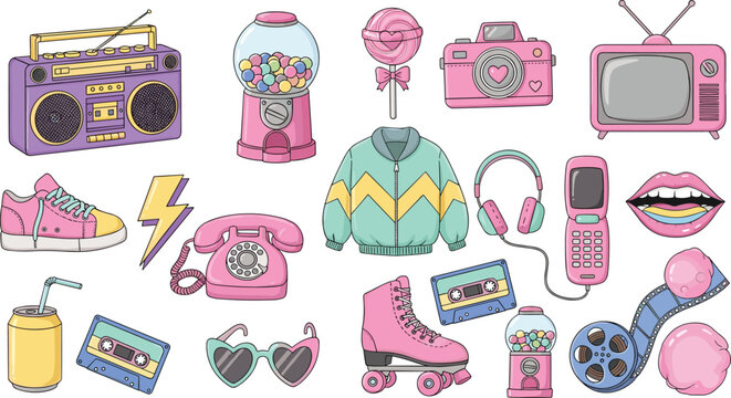 Retro nineties nostalgia sticker collection featuring boombox cassette roller skates telephone camera TV jacket and candy flat style vector illustration set