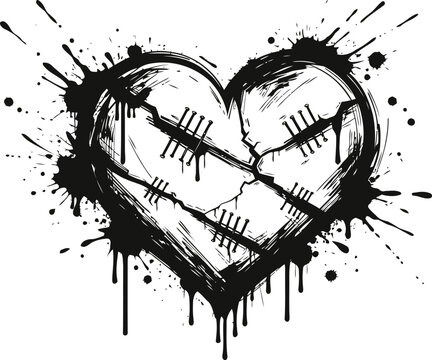 Grunge broken heart with stitches and paint splashes, symbolizing healing and emotional recovery