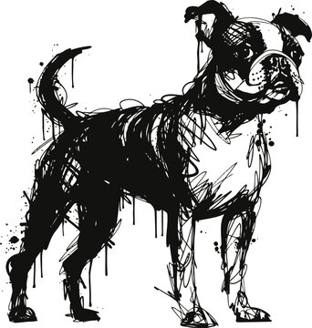 Black and white boston terrier dog sketch with dripping paint and expressive line art