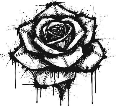 Distressed black and white rose illustration with grunge dripping paint effect and stitched pattern