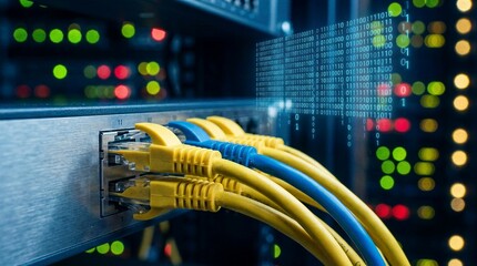 Naklejka premium Professional it technician background featuring network router with plugged yellow cables and glowing digital data matrix representing big data processing and global connectivity