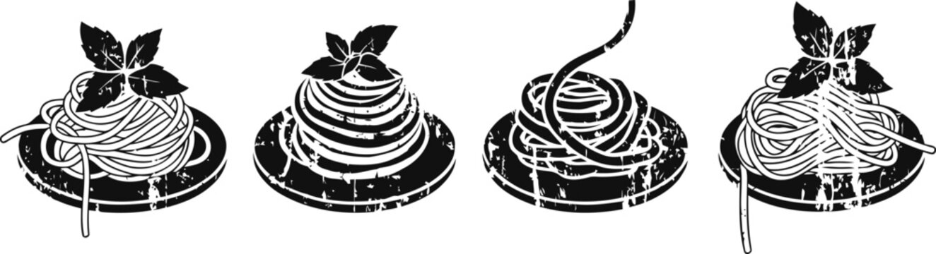 Four plates with spaghetti pasta servings and basil leaves in black and white silhouette