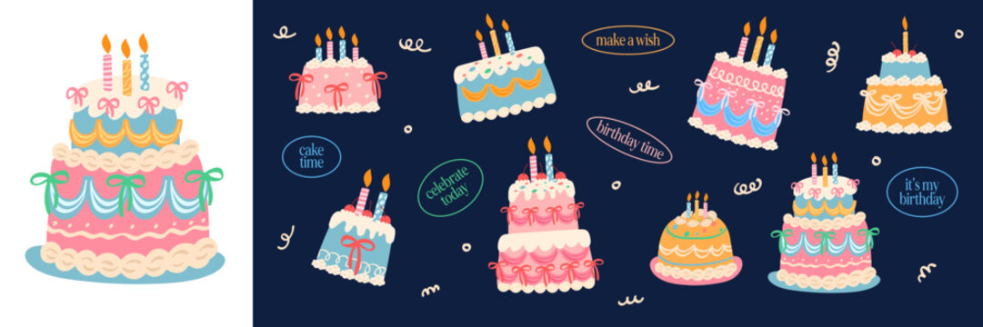 Set of Whimsical Cute Happy Birthday Cake, Celebration, Party, Anniversary, Born, Fun, Confetti and Event SVG Vector