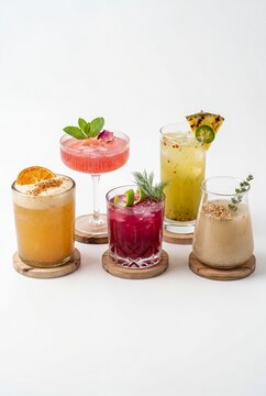 A visually appealing collection of fermented cocktails presented in various glassware, showcasing vibrant colors and intricate textures against a clean, white background