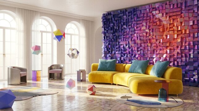 Artistic modern living room interior design with yellow modular sofa colorful geometric 3d wall panels and floating glass polyhedrons in sunlit contemporary space