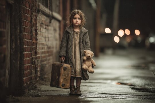 Portrait of a runaway child clutching a toy and suitcase in an urban setting