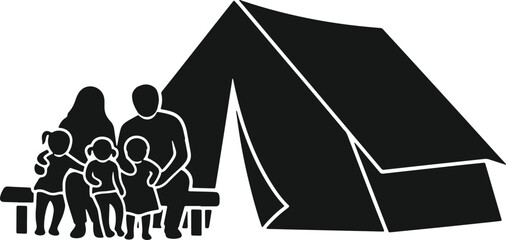 Family camping vacation outdoor tent and people silhouette on gray checkered background. © Sadhin