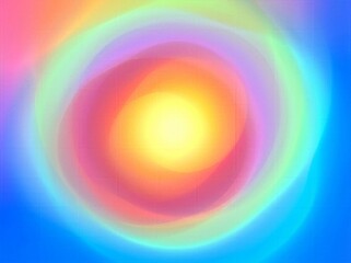 Obraz premium Abstract colorful rainbow aura background with glowing yellow center and soft circular layers of pink blue green and orange for meditation or tech wallpaper