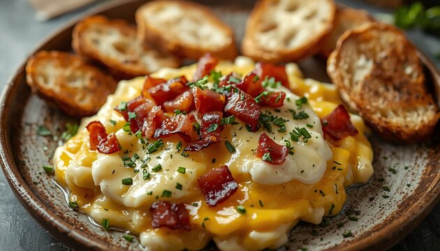 A beautifully plated Tartiflette with melted Reblochon cheese, crispy bacon, and fresh herbs, served with slices of crusty bread on a rustic plate.