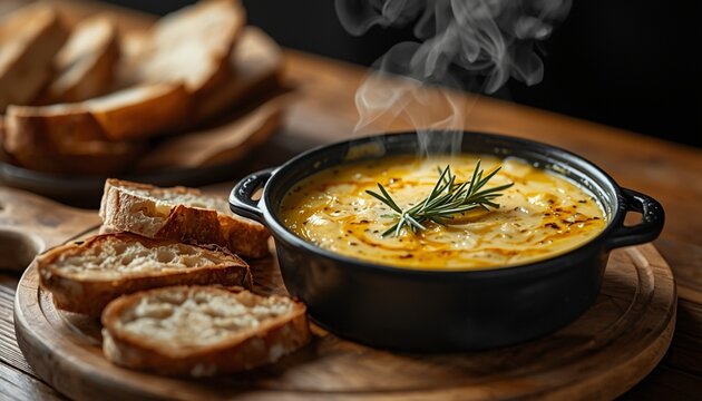 A cozy dining scene featuring a steaming Tartiflette, garnished with rosemary, with crusty bread slices on a wooden board.