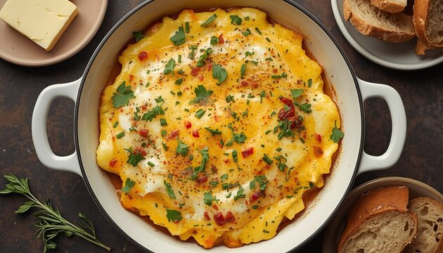 Top-down view of a Tartiflette dish with melted cheese layers, herbs sprinkled on top, served with crusty bread and butter.