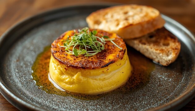 A gourmet Tartiflette presentation on a modern plate, perfectly browned top, microgreens garnish, and a side of artisan bread.