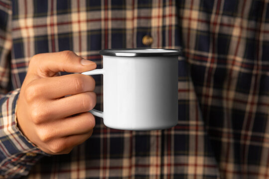 Enamel mug mockup with rim, blank steel cup for design, pattern, branding.