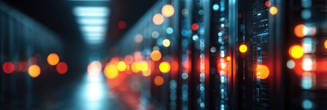 Dynamic Data Center Operations High-Tech Facility Digital Infrastructure Modern Environment Blurred Lights Viewpoint Innovations in Technology and Efficiency