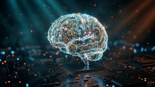 Advanced digital human brain over electronic circuit background representing neurotechnology machine learning and the future of artificial intelligence
