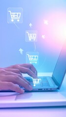 Obraz premium Hands Typing on Laptop with Digital Shopping Cart Icons.