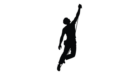A rock climber reaching upwards with a rope captured in dark silhouette © Mama
