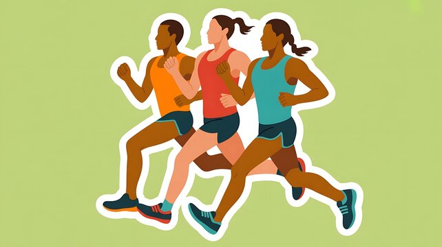 Three diverse runners jogging outdoors in colorful sports outfits
