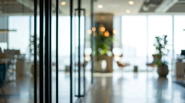 Blurred modern office interior background with large windows and indoor plants creating a bright and professional workspace atmosphere
