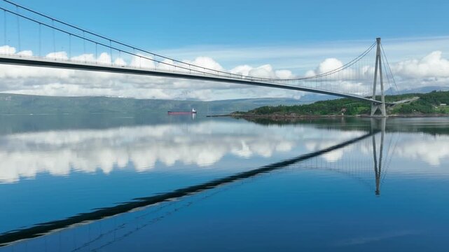 Aerial shot of the Halogaland Suspension Bridge near the town of Narvik in Northern Norway.