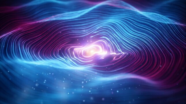 Vibrant abstract digital sound wave background with glowing neon blue and purple concentric lines and light particles representing audio technology
