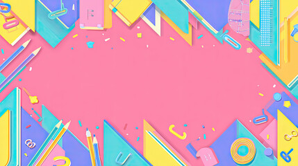 Obraz premium Colorful School Supplies Border with Pink Background for Text.