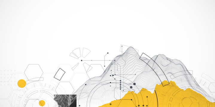 Abstract technological background with mountain elements made in a wireframe style.